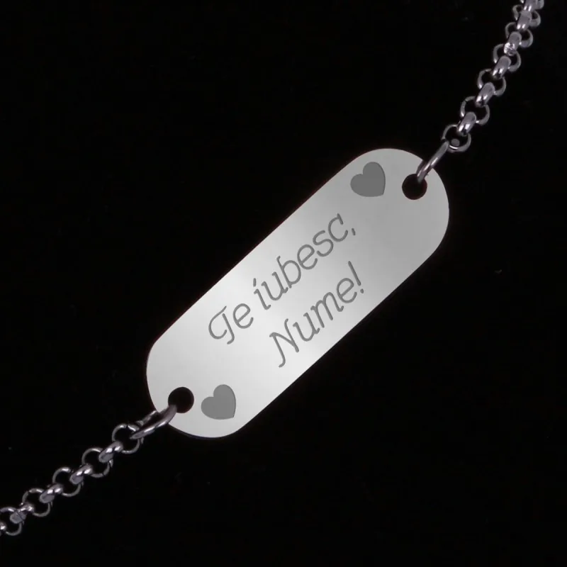 Bratara Personalizata Gravata Argintie din Inox Oval Te Iubesc Nume