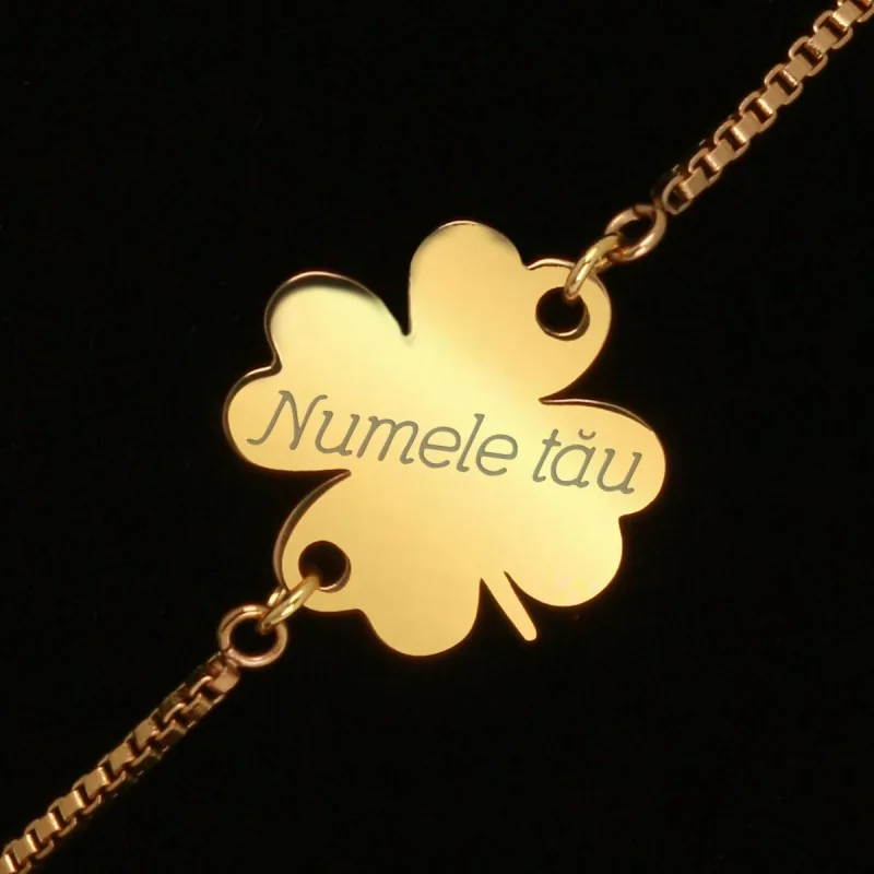 Bratara Personalizata Gravata Aurie din Inox Trifoi Nume